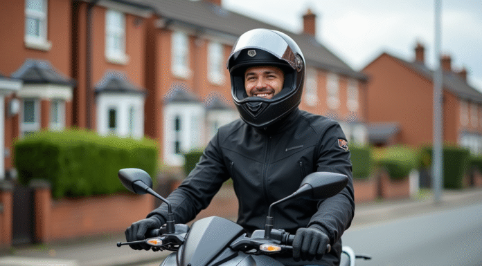 Jeune homme en moto moderne sur une rue tranquille