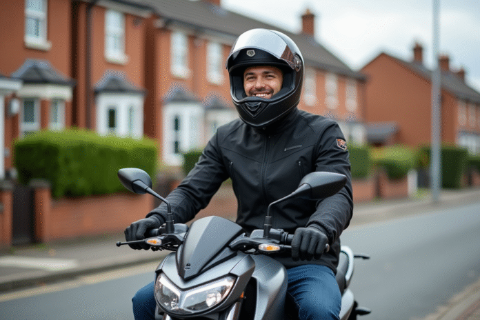 jeune-homme-moto-urbaine Jeune homme en moto moderne sur une rue tranquille
