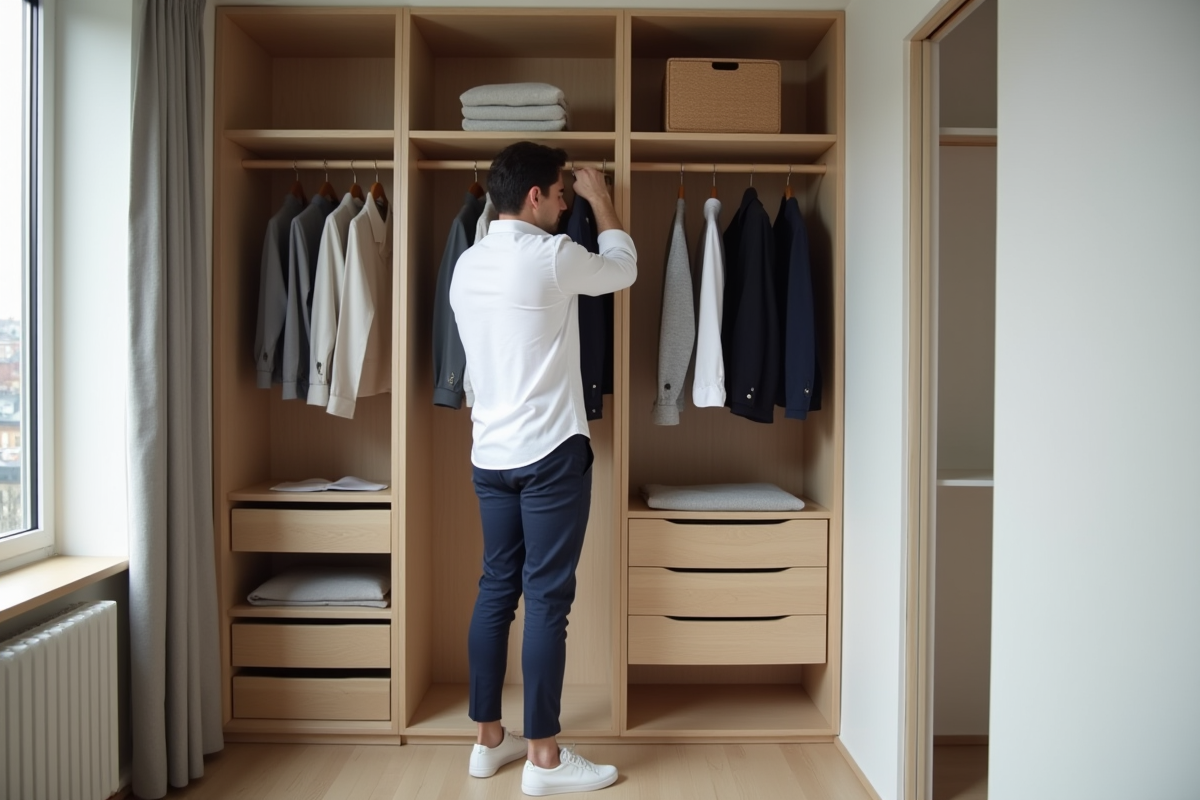 Jeune homme organisant une garde-robe dans un appartement lumineux