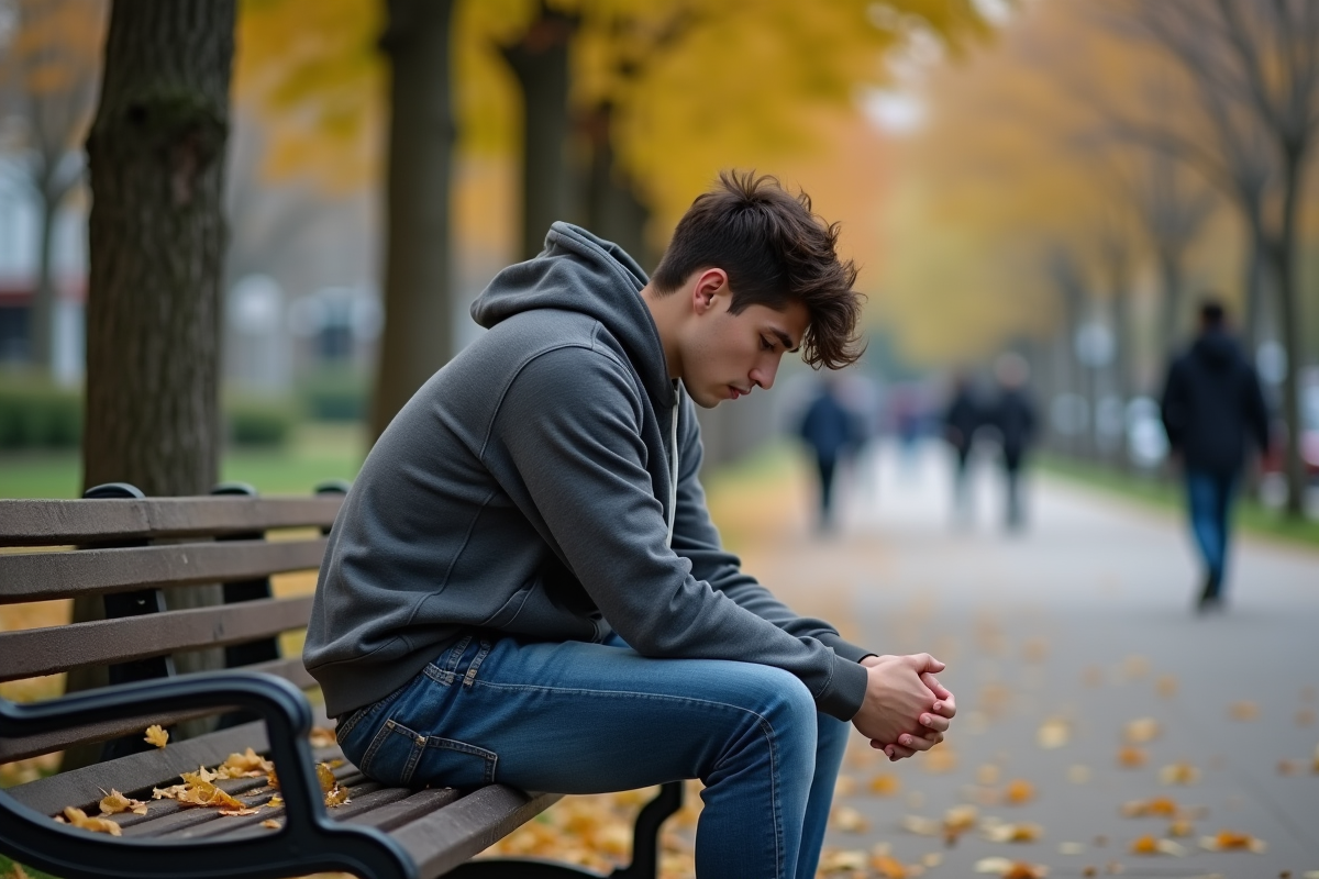 Jeune homme assis sur un banc dans un parc en automne