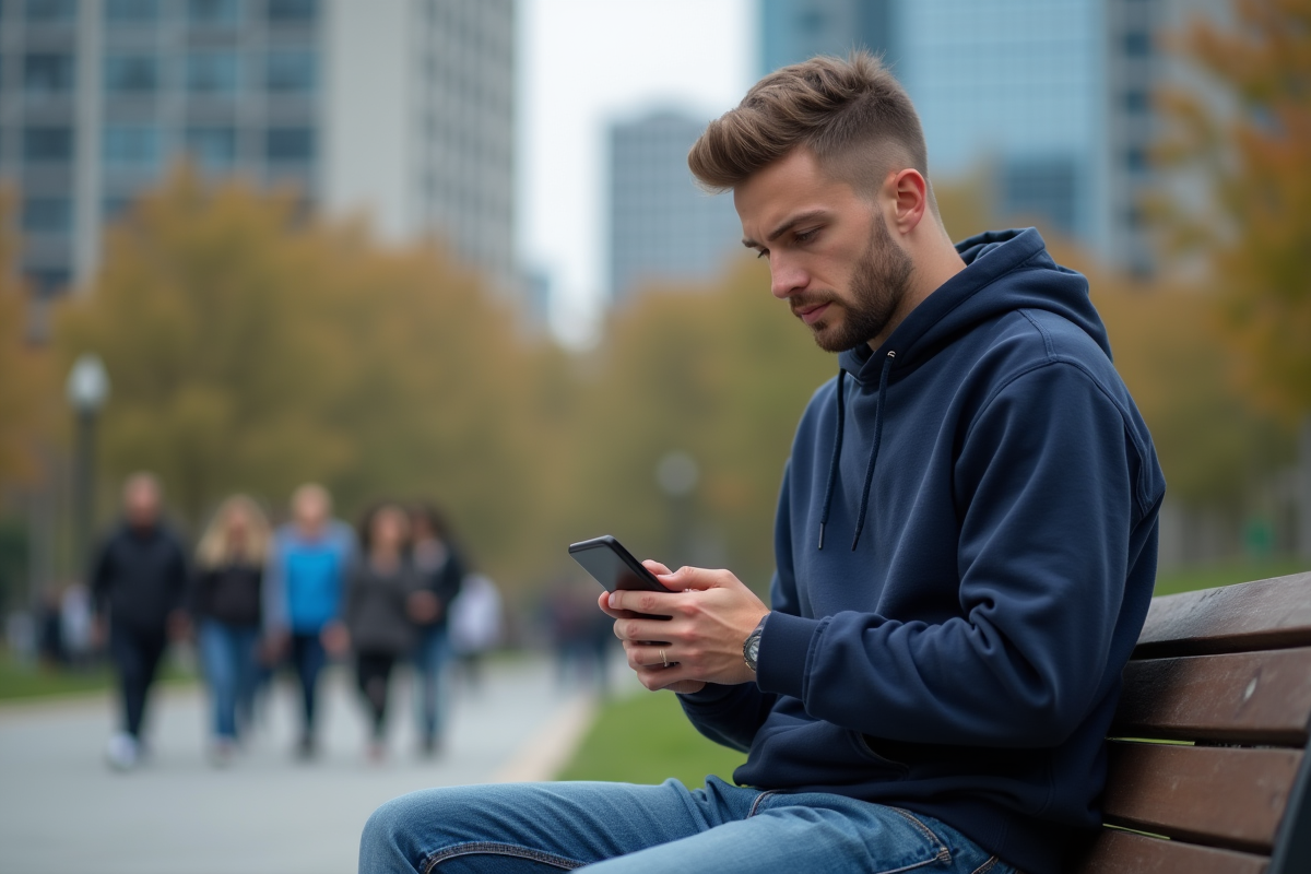 Jeune homme seul assis sur un banc de parc urbain