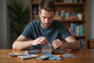 Jeune homme examine un booster Pokémon Rivalités Destinées