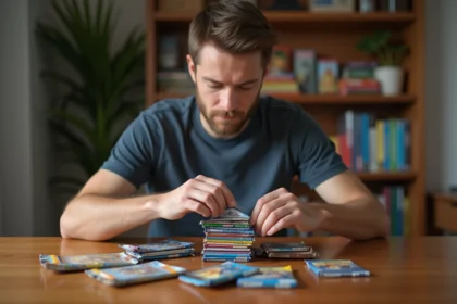 Jeune homme examine un booster Pokémon Rivalités Destinées