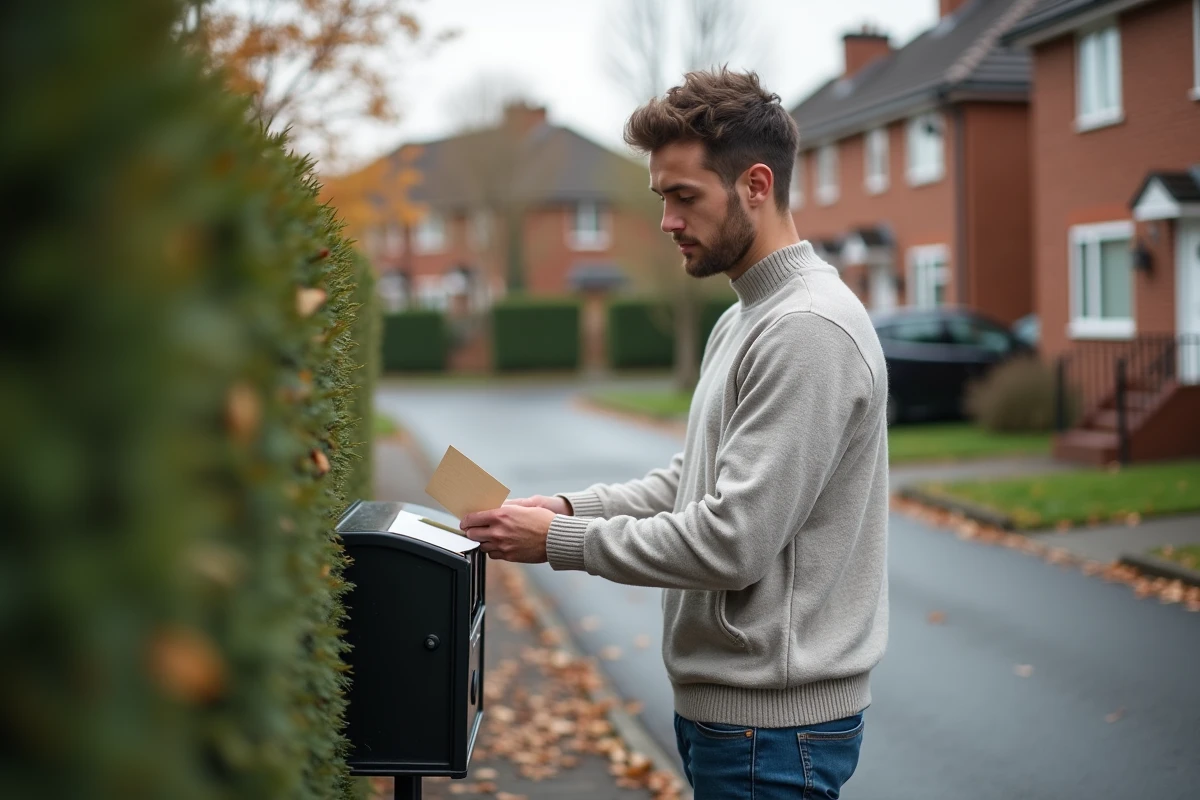 Jeune homme dehors insérant une lettre dans une boîte aux lettres
