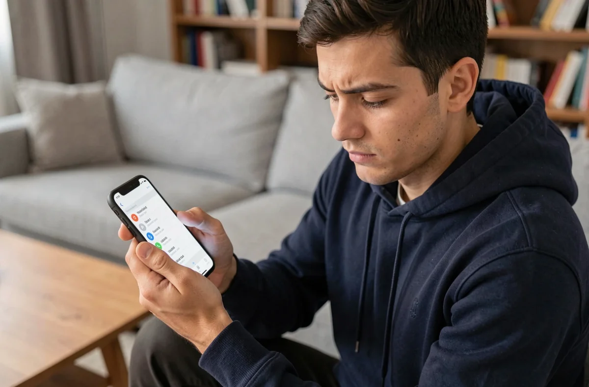 Jeune homme en sweat bleu marine vérifiant l'historique d'appels sur son téléphone pour identifier un numéro 0568 suspect
