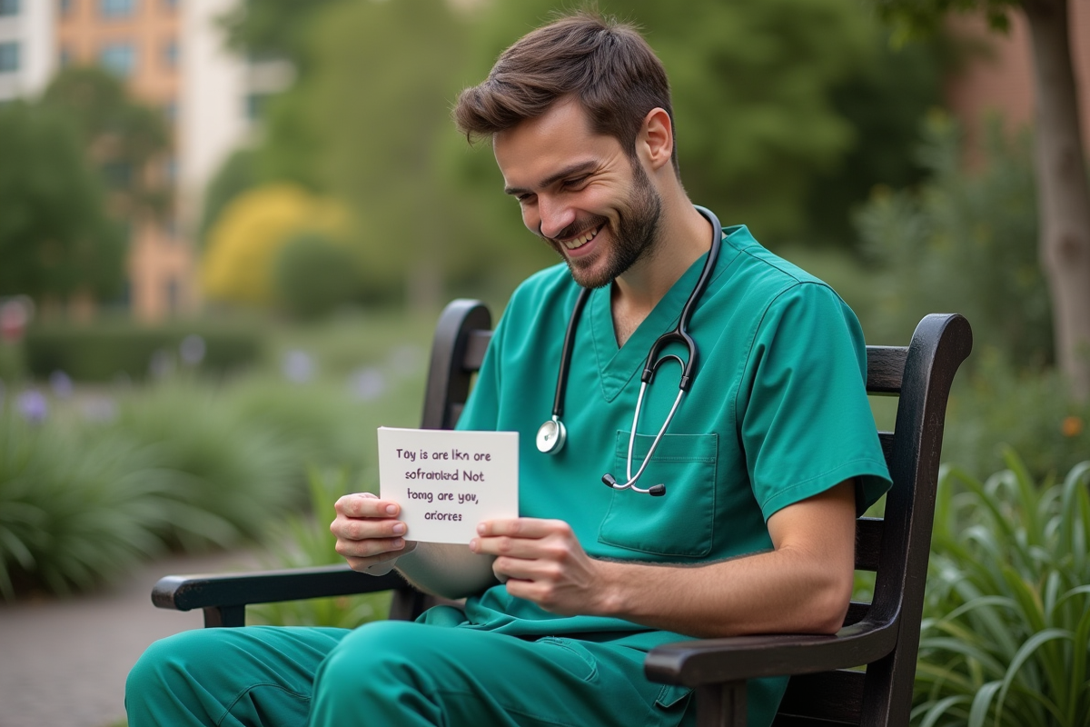 Jeune infirmier souriant dans un jardin d