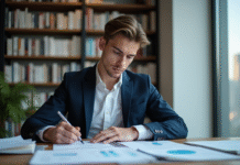 Asset manager : quelles études pour devenir professionnel en finance ? Jeune homme en costume analyse des documents financiers au bureau