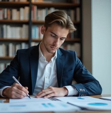 Asset manager : quelles études pour devenir professionnel en finance ? Jeune homme en costume analyse des documents financiers au bureau