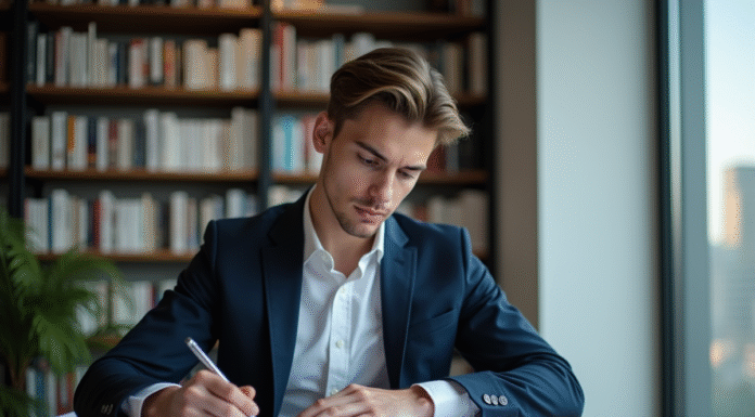 Jeune homme en costume analyse des documents financiers au bureau