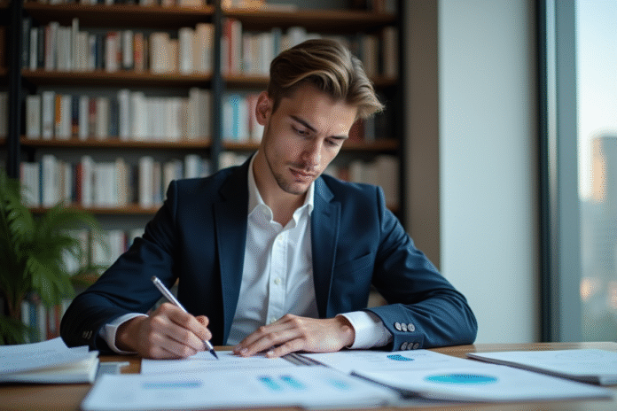jeune-professionnel-finance-bureau Jeune homme en costume analyse des documents financiers au bureau