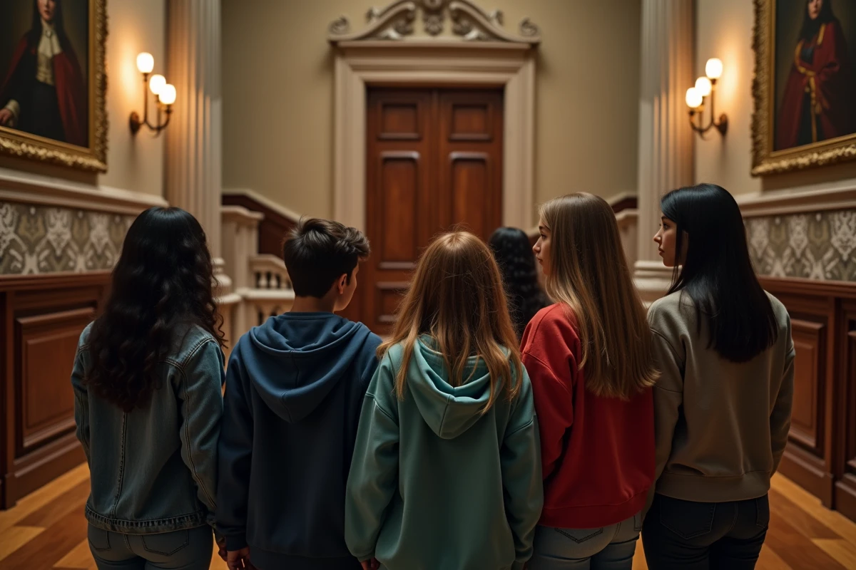 Jeunes adultes devant un escalier dans un manoir