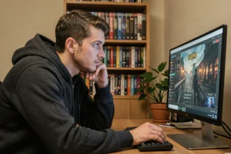 Jeune homme analysant l'interface du jeu Aeonscope sur un écran de bureau dans un bureau à domicile