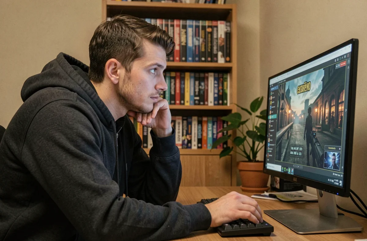 Jeune homme analysant l'interface du jeu Aeonscope sur un écran de bureau dans un bureau à domicile