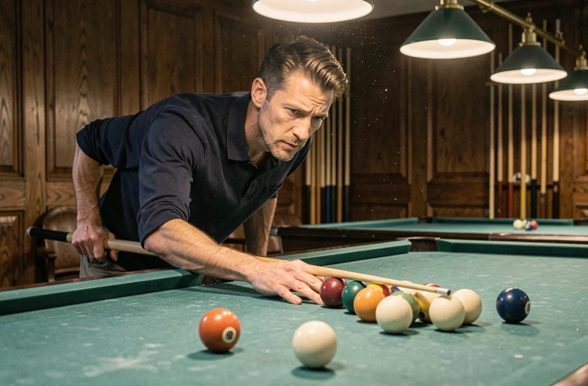 Joueur de billard concentré alignant un coup précis sur une table verte avec 11 billes disposées stratégiquement