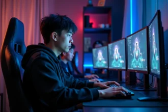 Joueur de League of Legends concentré devant ses écrans dans une salle de gaming moderne en 2026
