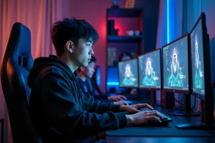 Joueur de League of Legends concentré devant ses écrans dans une salle de gaming moderne en 2026