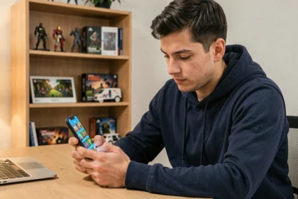 Jeune homme consultant le Supercell Store de Brawl Stars sur son smartphone dans un bureau à domicile