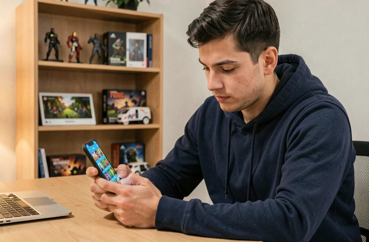 Jeune homme consultant le Supercell Store de Brawl Stars sur son smartphone dans un bureau à domicile