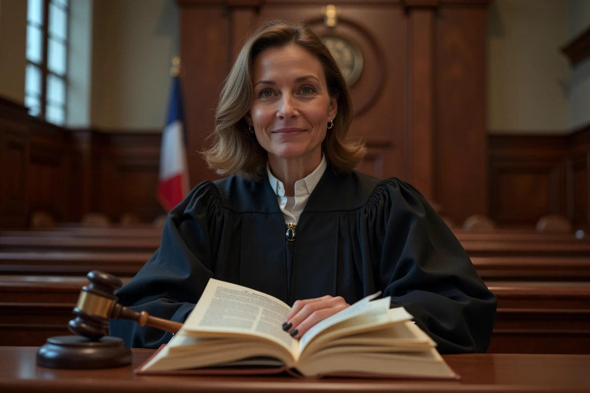 Juge présidant une audience sur un litige de droit de propriété dans une salle d'audience française