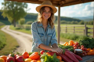 Jeune femme arrangeant des légumes frais et des confitures sur un kiosque en bois au bord d'une route de campagne