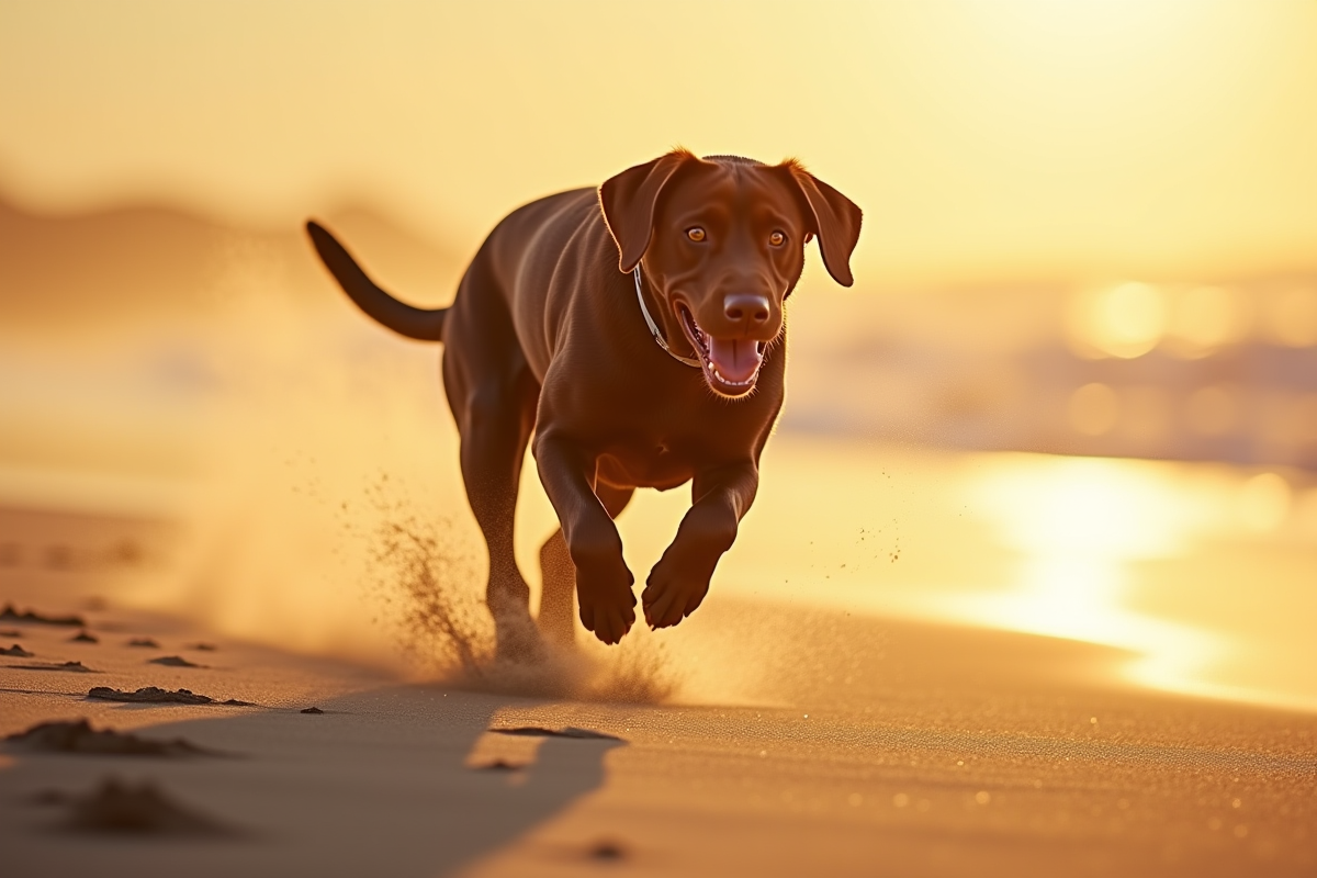 Labrador chocolat courant sur la plage au coucher du soleil