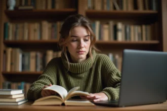 Jeune femme lisant un manga à son bureau avec un ordinateur ouvert, illustrant la lecture numérique et le soutien aux auteurs