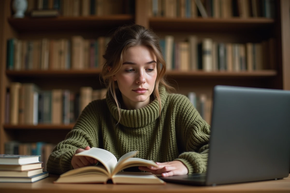 Jeune femme lisant un manga à son bureau avec un ordinateur ouvert, illustrant la lecture numérique et le soutien aux auteurs
