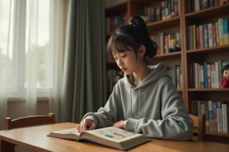 Jeune femme lisant un volume de webtoon manga à son bureau, illustration pour la lecture de Just Friends après l'anime