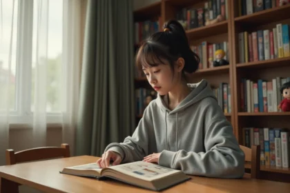 Jeune femme lisant un volume de webtoon manga à son bureau, illustration pour la lecture de Just Friends après l'anime