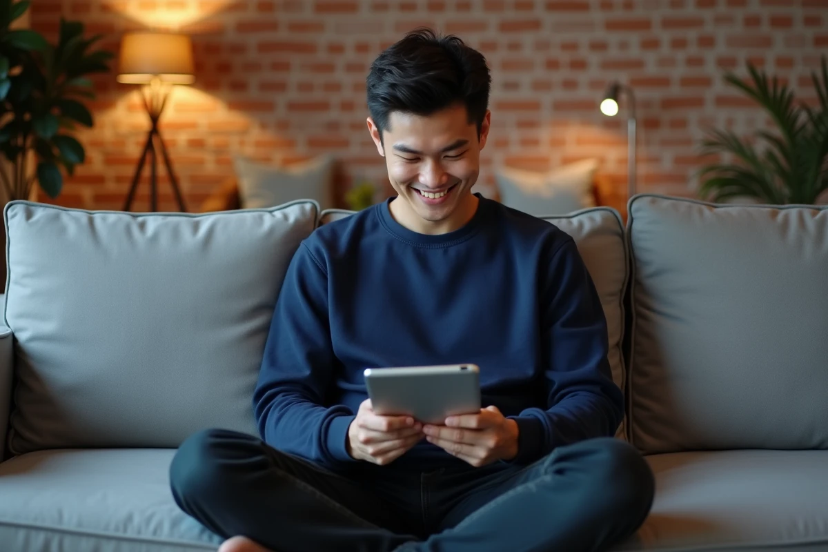 Homme lisant un webtoon sur tablette dans un appartement moderne, contexte de lecture numérique de Just Friends scan