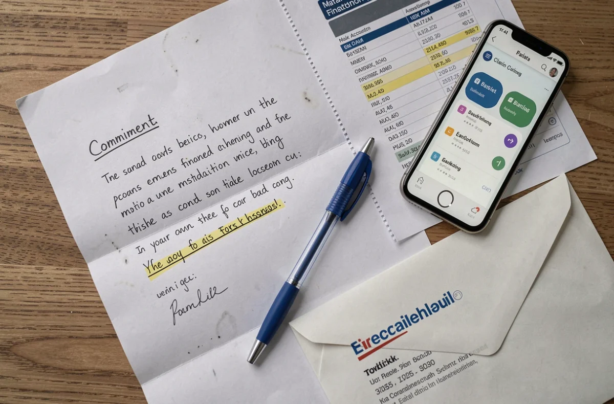 Modèle de lettre de contestation de débit bancaire Clevya IBF sur un bureau avec relevé bancaire