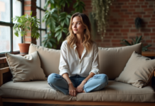 Logement atypique : caractéristiques, avantages et exemples inspirants Femme assise dans un loft industriel avec canapé vintage