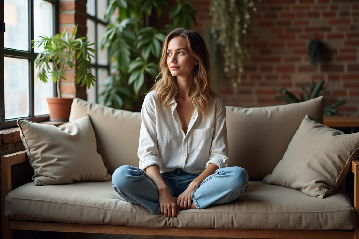 Femme assise dans un loft industriel avec canapé vintage