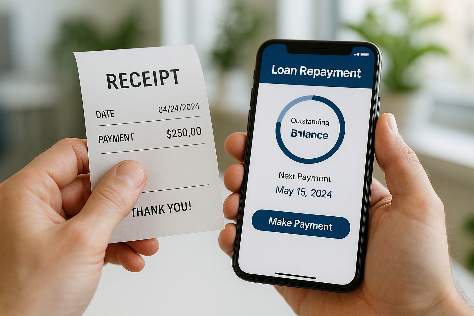 Mains tenant un reçu de paiement avec une application de prêt sur smartphone
