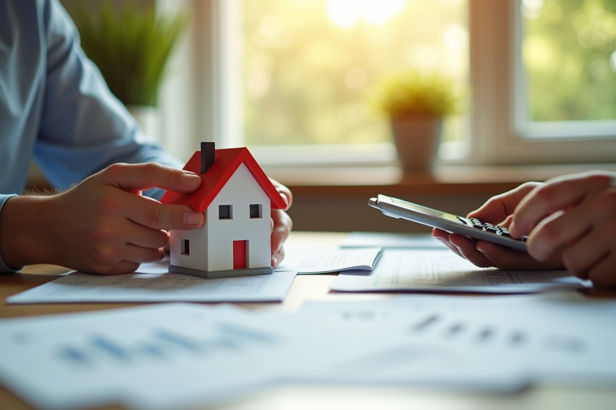 Mains manipulant une maison miniature et une calculatrice sur un bureau ensoleille