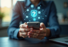 Mains protégeant un smartphone avec icônes de confidentialité