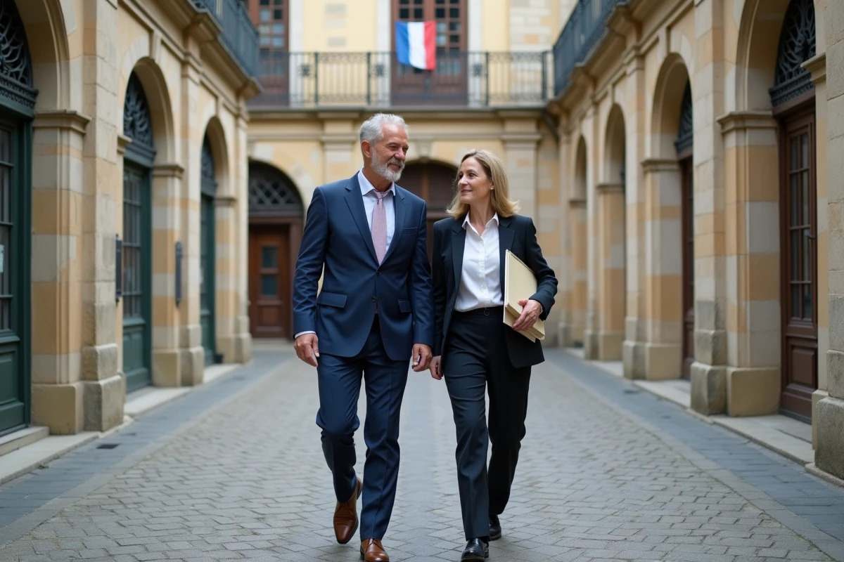 Maire et adjoint marchant devant une mairie historique française, illustrant la hiérarchie et les écarts de salaires entre élus municipaux