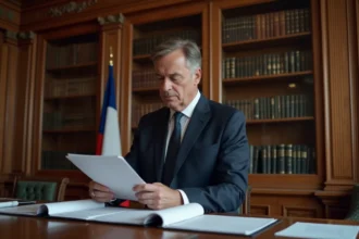 Maire dans son bureau officiel de mairie, examinant des documents administratifs liés à la gestion municipale