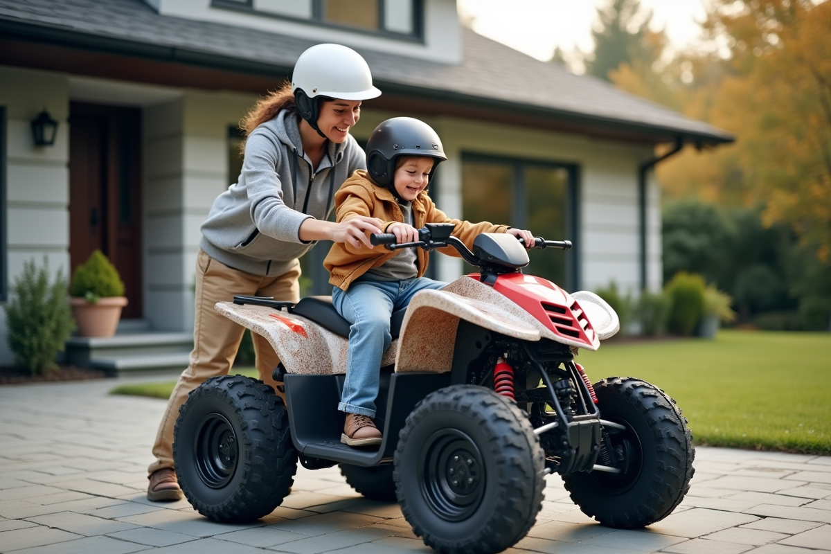Maman aidant son enfant à ajuster la ceinture du quad