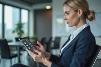 Femme gestionnaire analysant des tendances sur tablette