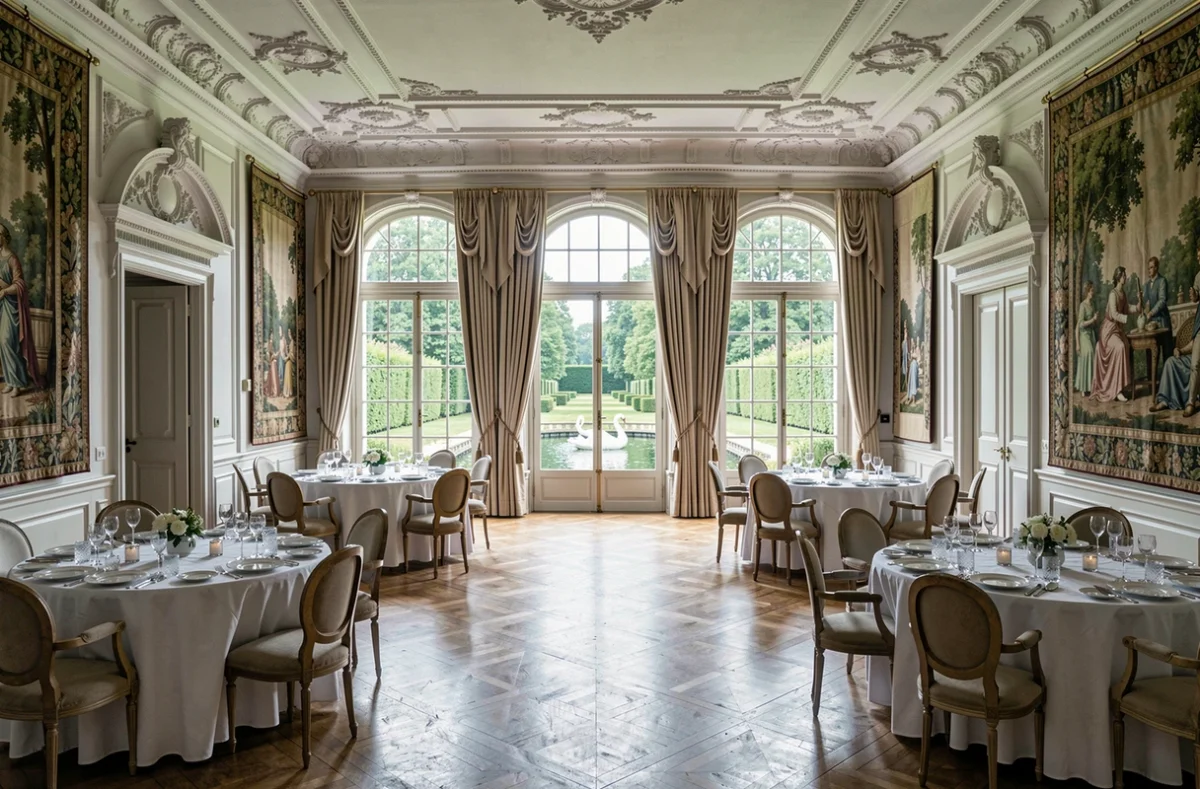 Grand salon du Manoir des Cygnes en Essonne décoré pour un mariage avec vue sur le jardin et l'étang aux cygnes
