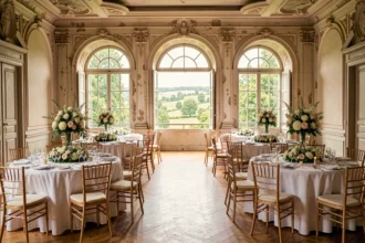 Salle de réception élégante en Essonne décorée pour un mariage avec tables rondes et nappes blanches