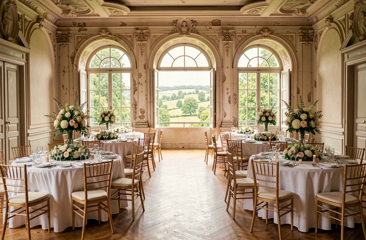 Salle de réception élégante en Essonne décorée pour un mariage avec tables rondes et nappes blanches