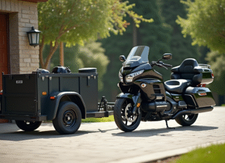 Comment choisir une remorque pour moto d’occasion ? Moto touring garée à côté d'une remorque en journée