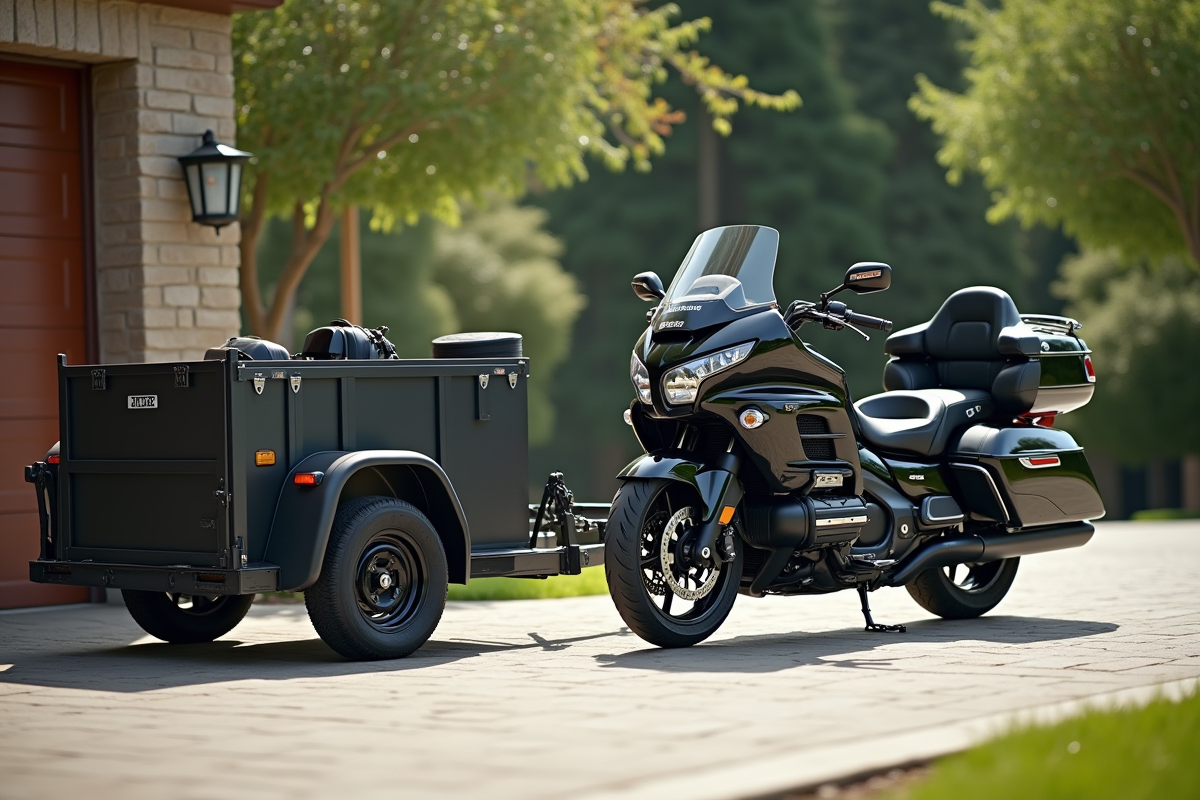 Moto touring garée à côté d'une remorque en journée