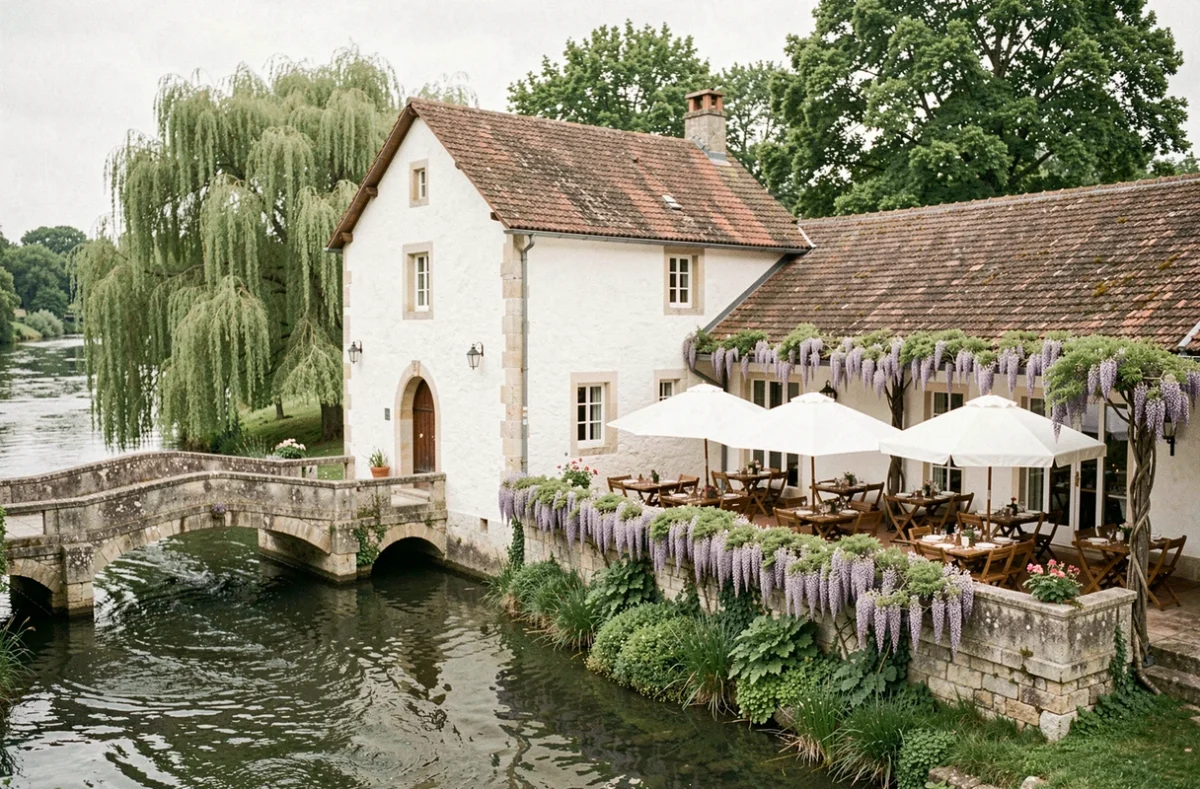 Le Moulin de Jarcy en Essonne avec terrasse de réception au bord de la Yerres entourée de glycine et saules pleureurs