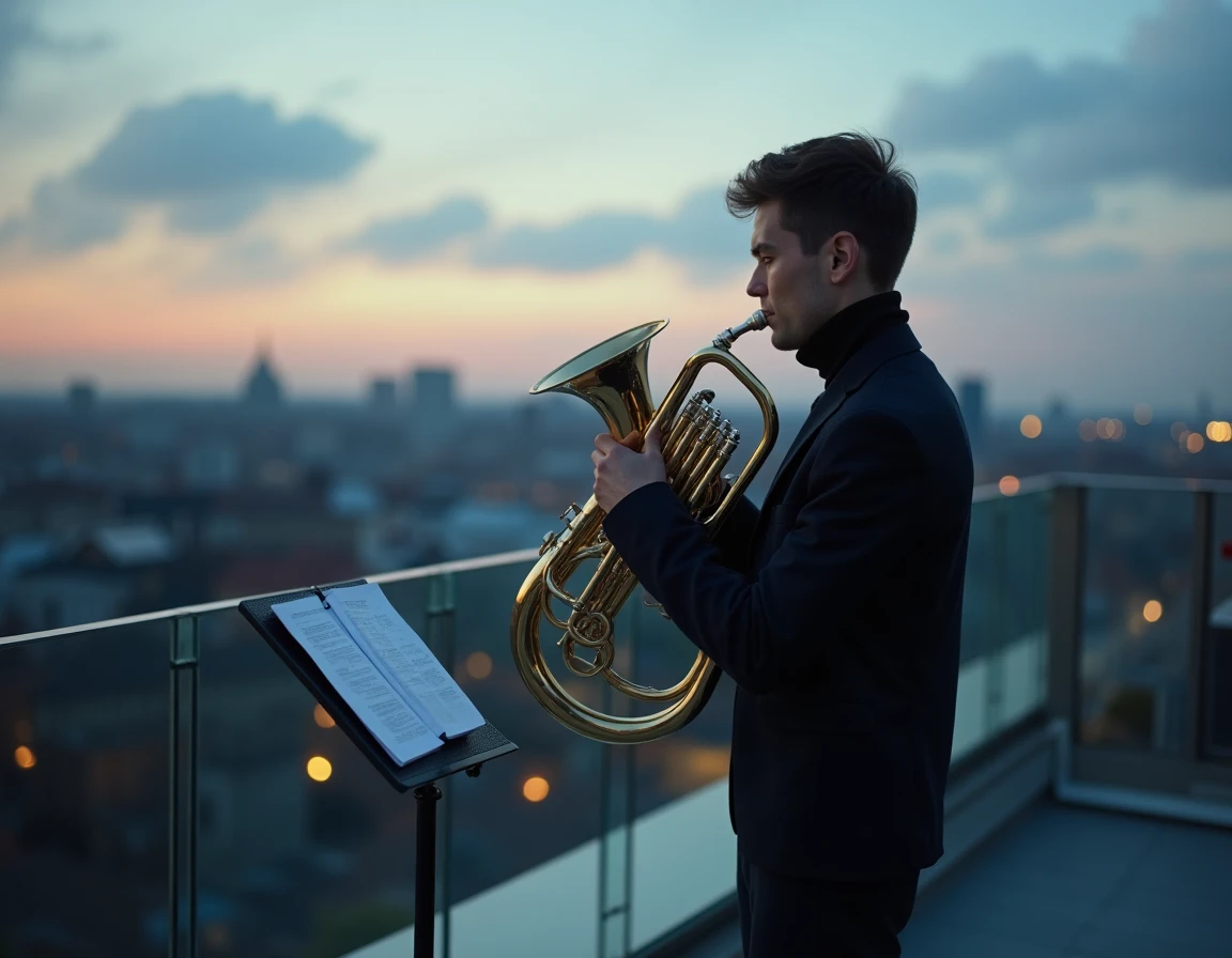 Musicien jouant de l'euphonium sur un toit urbain, réinterprétant des marches militaires dans un style contemporain