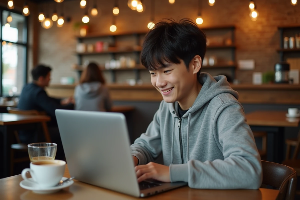 Adolescent lisant un scan One Piece sur une plateforme légale dans un café urbain