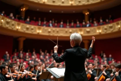 Orchestre symphonique moderne interprétant une version revisitée de musique militaire dans une salle de concert dorée