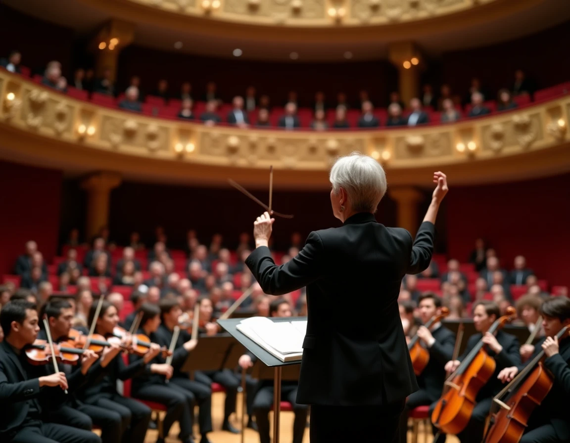 Orchestre symphonique moderne interprétant une version revisitée de musique militaire dans une salle de concert dorée